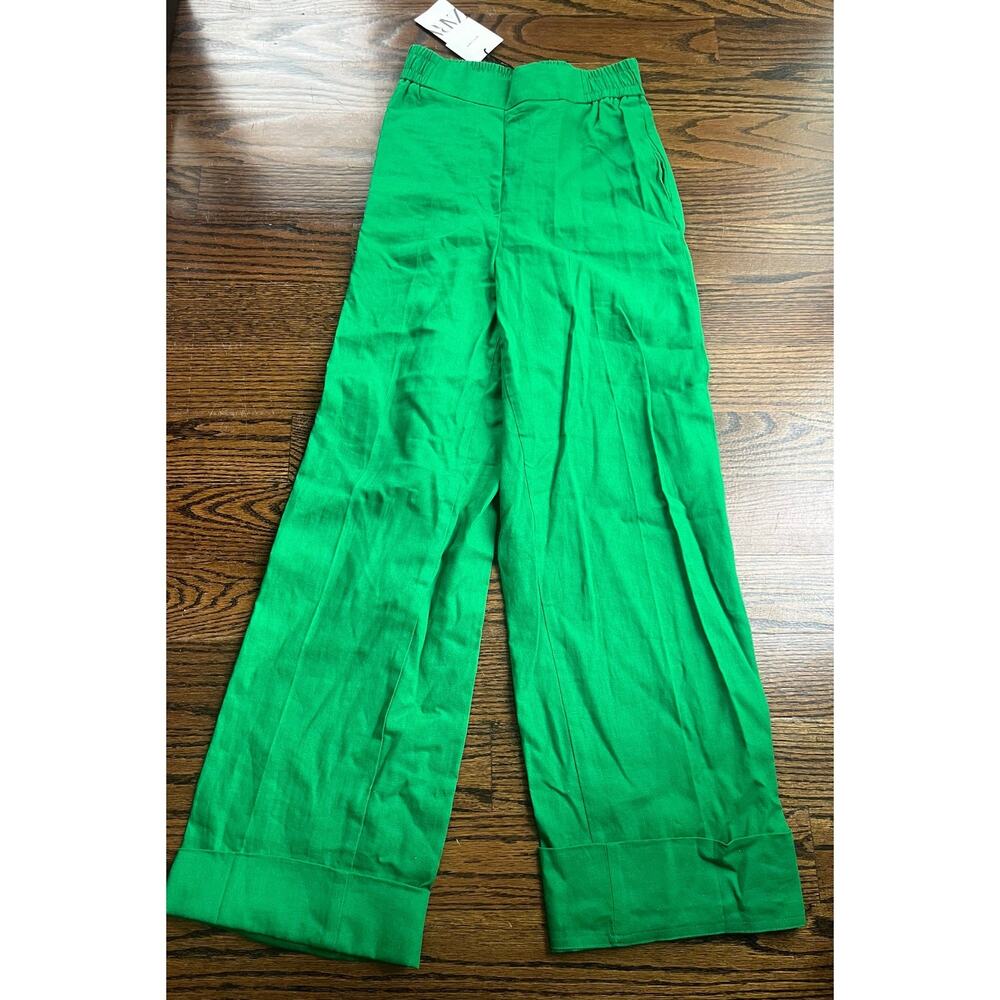 Zara women’s wide leg linen blend pants Sz. XS bold green NWT
